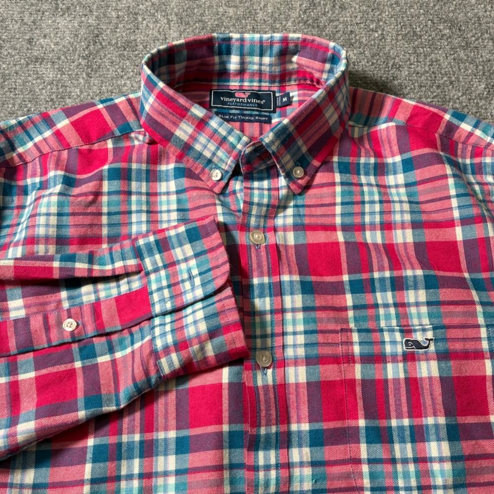 Vineyard Vines Tucker Shirt Mens M Pink Blue Plaid Slim Preppy Nautical